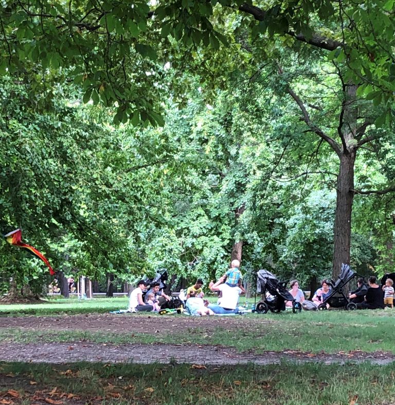 Menschengruppe mit Kindern sitzt auf Wiese im Wiener Prater